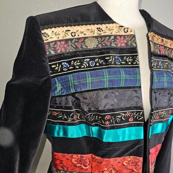 Suzanne Bristol Black Velvet Colorful Patchwork Jacket Size 14 Zip Up - Picture 2 of 11